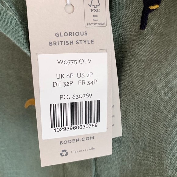 ❤️🎉HP🎉❤️ BODEN Toucan Bird Embroidered Linen Shirt, Olive, Size US 2P / … - Picture 10 of 13